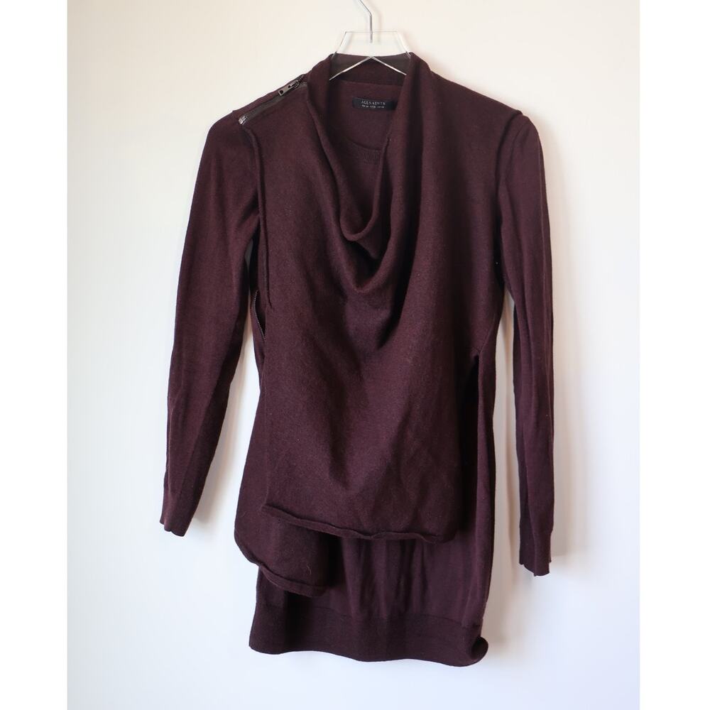 All Saints Drina Sweater Dress Plum Modern Minimalist Wool Draped Layer Size 6